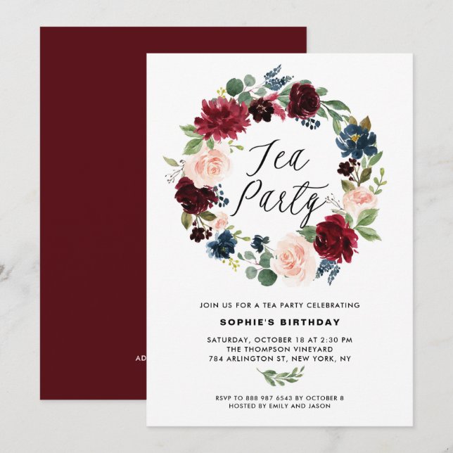 Burgundy and Blue Floral Wreath Tea Party Invitation (Front/Back)