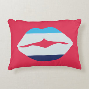 Burgundy And Blue Striped Lips Decorative Cushion