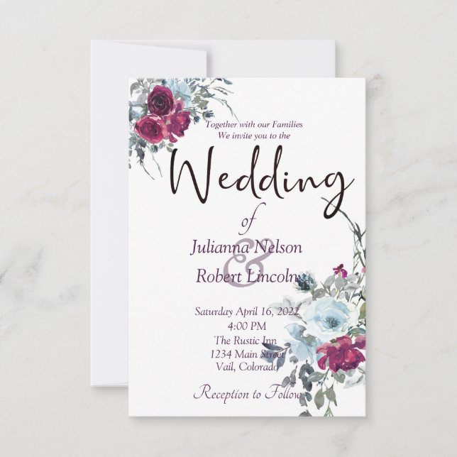 Burgundy and blue watercolor floral wedding invita invitation (Front)