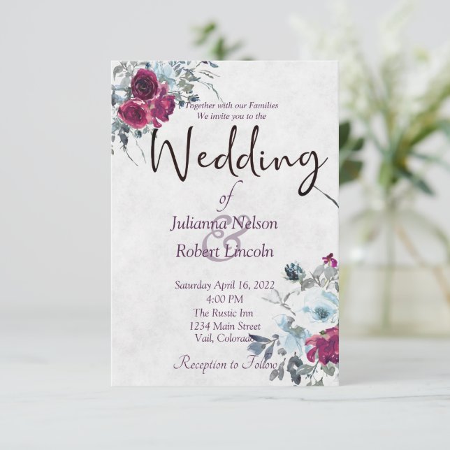 Burgundy and blue watercolor floral wedding invita invitation (Standing Front)