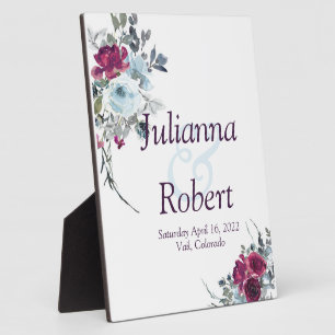 Burgundy and blue watercolor floral  wedding  plaq plaque