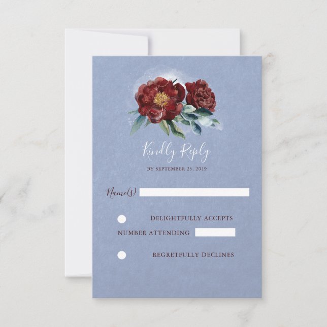 Burgundy and Blue Watercolor Flowers Wedding RSVP (Front)