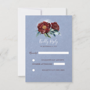 Burgundy and Blue Watercolor Flowers Wedding RSVP Card
