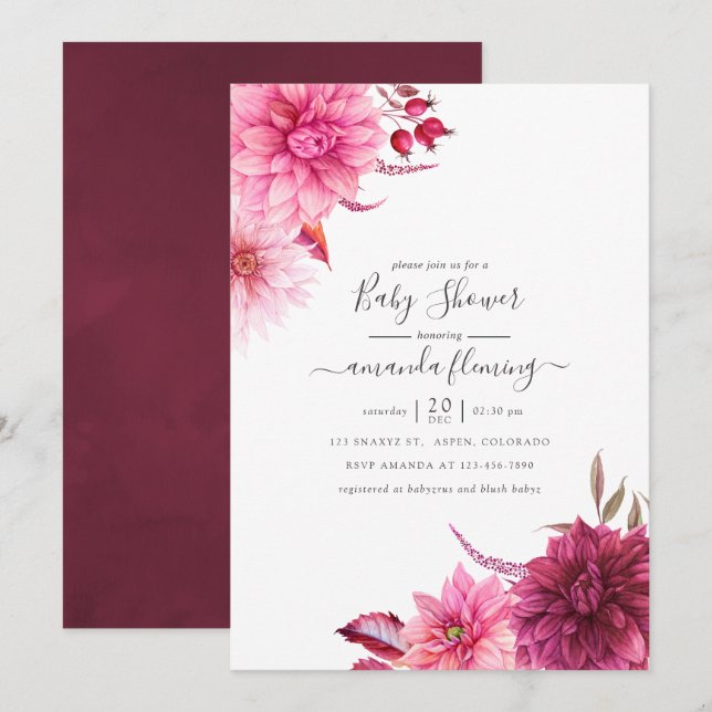 Burgundy and Blush Autumn Fall Floral Baby Shower Invitation (Front/Back)
