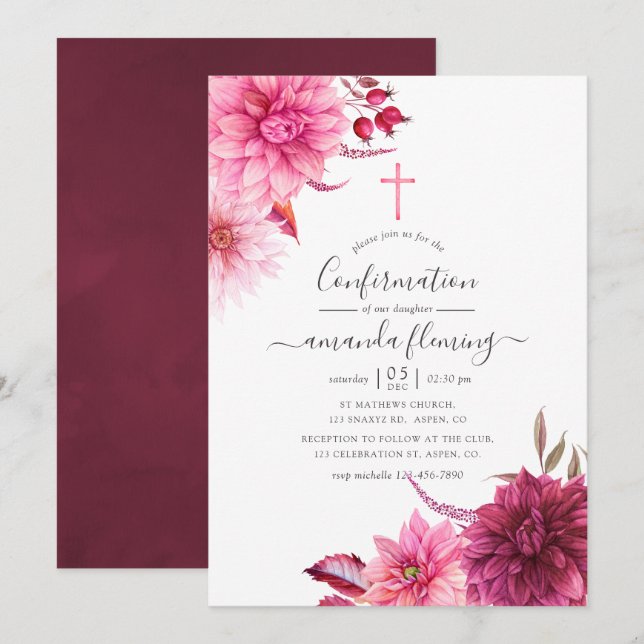 Burgundy and Blush Autumn Fall Floral Confirmation Invitation (Front/Back)