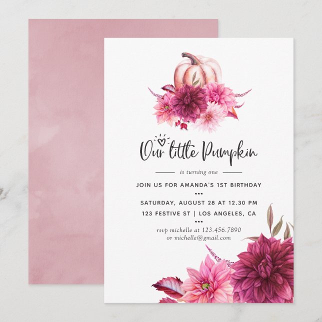 Burgundy and Blush Autumn Fall Pumpkin Birthday Invitation (Front/Back)