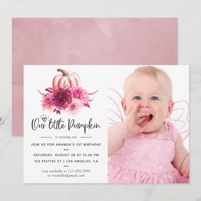 Burgundy and Blush Autumn Fall Pumpkin Birthday Invitation (Front/Back)