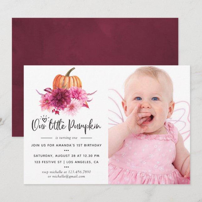 Burgundy and Blush Autumn Fall Pumpkin Birthday Invitation (Front/Back)