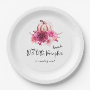 Burgundy and Blush Autumn Fall Pumpkin Birthday Paper Plate