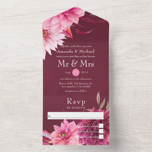 Burgundy and Blush Autumn Fall Wedding All In One  All In One Invitation (Inside)
