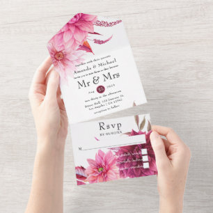 Burgundy and Blush Autumn Fall Wedding All In One  Invitation