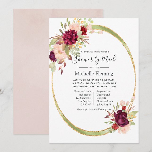 Burgundy and Blush Baby or Bridal Shower by Mail Invitation (Front/Back)
