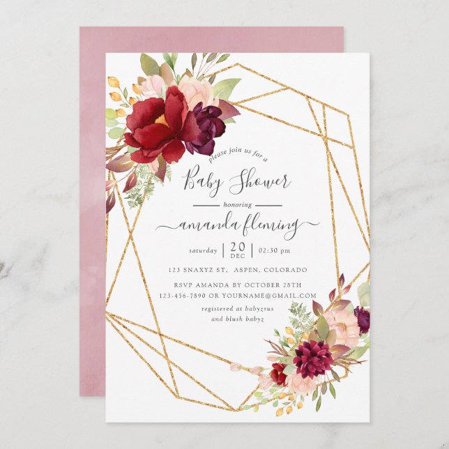 Burgundy and Blush Boho Geometric Baby Shower Invitation (Front/Back)