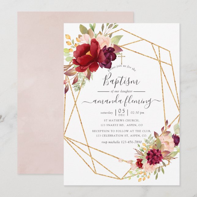 Burgundy and Blush Boho Geometric Baptism Invitation (Front/Back)