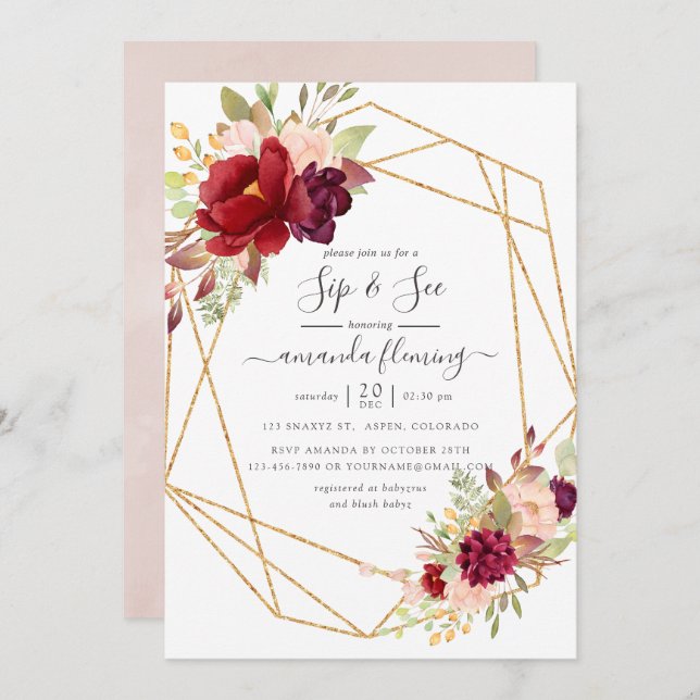 Burgundy and Blush Boho Geometric Sip and See Invitation (Front/Back)