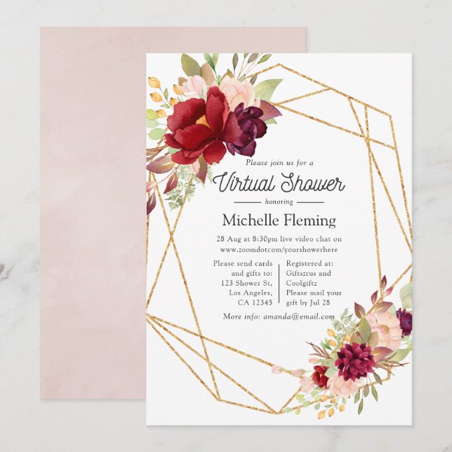 Burgundy and Blush Boho Geometric Virtual Shower Invitation (Front/Back)