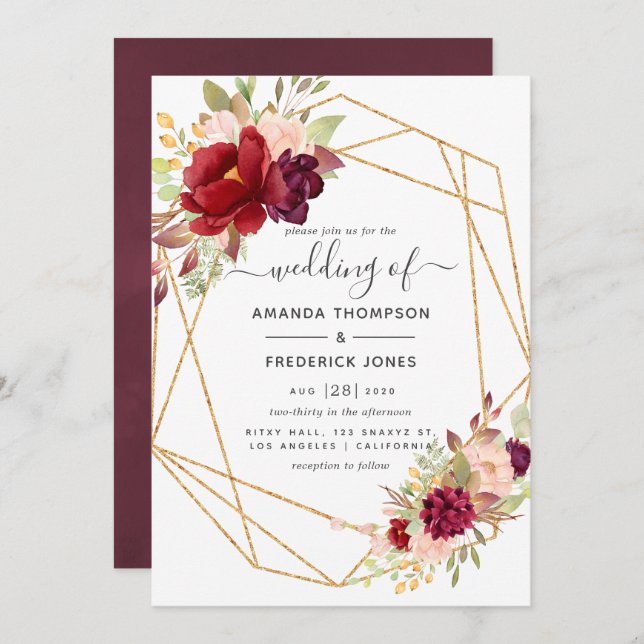 Burgundy and Blush Boho Geometric Wedding Invitation (Front/Back)