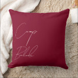 Burgundy and Blush Camp Bride Custom Bachelorette Cushion<br><div class="desc">Elevate your bachelorette weekend decor with this elegant burgundy throw pillow from the Camp Bride collection. Featuring modern script typography in blush pink, this chic and customisable pillow is perfect for adding a personal touch to your celebration. Ideal as a keepsake, gift, or cosy addition to your glamping adventure, it...</div>