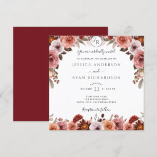Burgundy and Blush, Elegant Floral Wedding Invitation