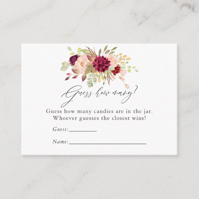 Burgundy and Blush Floral Baby Shower Candy Game Enclosure Card (Front)