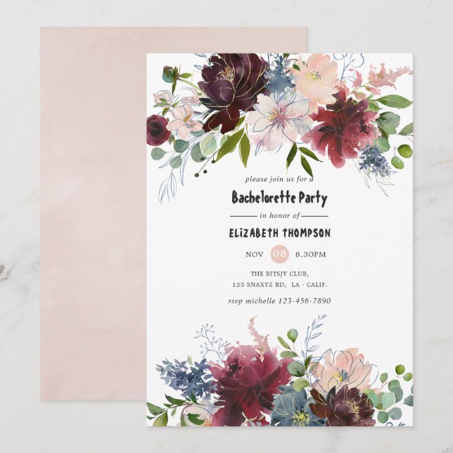 Burgundy and Blush Floral Bachelorette Party Invitation (Front/Back)