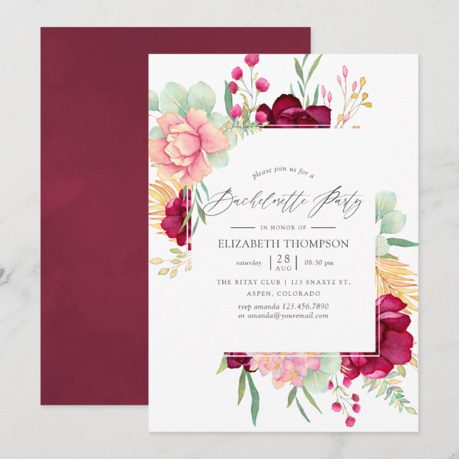 Burgundy and Blush Floral Bachelorette Party Invitation (Front/Back)