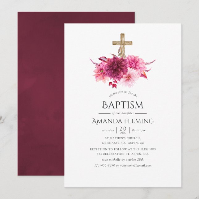 Burgundy and Blush Floral Baptism or Christening Invitation (Front/Back)