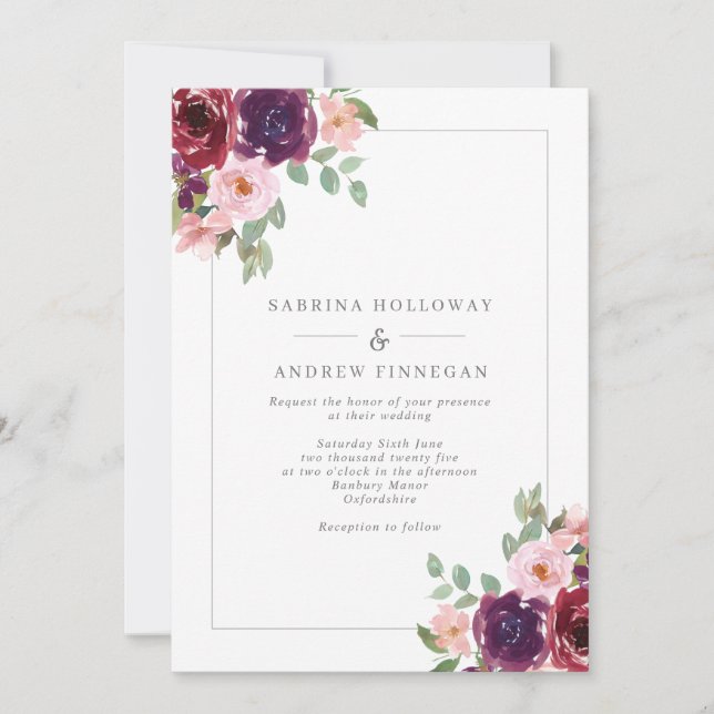 Burgundy and Blush Floral Border Wedding Invitation (Front)