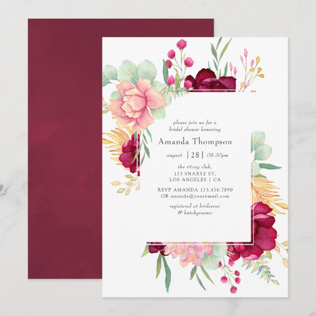 Burgundy and Blush Floral Bridal Shower Invitation (Front/Back)