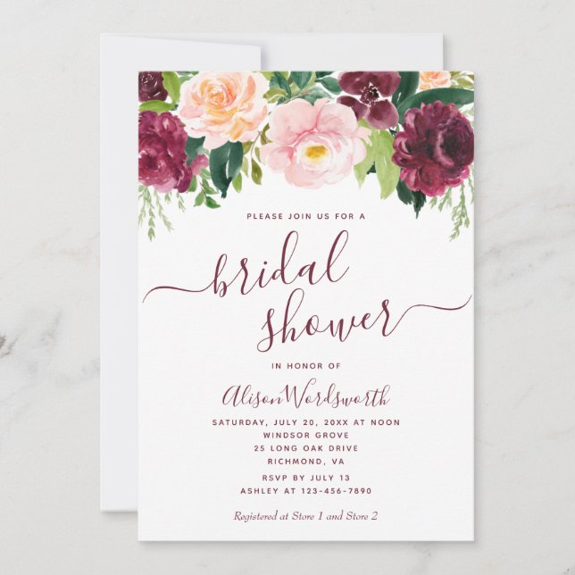 Burgundy and Blush Floral Bridal Shower  Invitation (Front)