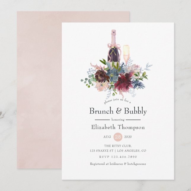 Burgundy and Blush Floral Brunch and Bubbly Invitation (Front/Back)