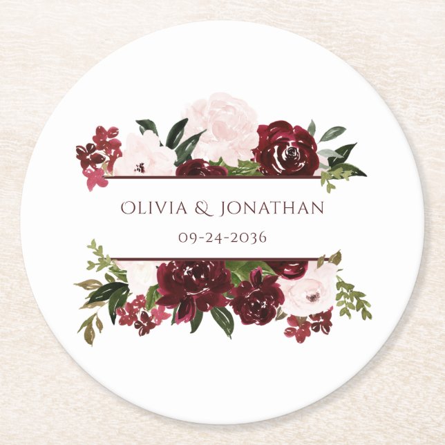 Burgundy and Blush Floral Elegant Wedding Round Paper Coaster (Front)