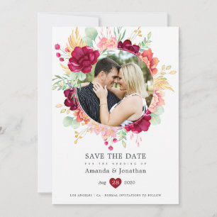 Burgundy and Blush Floral Eucalyptus Wedding Save The Date