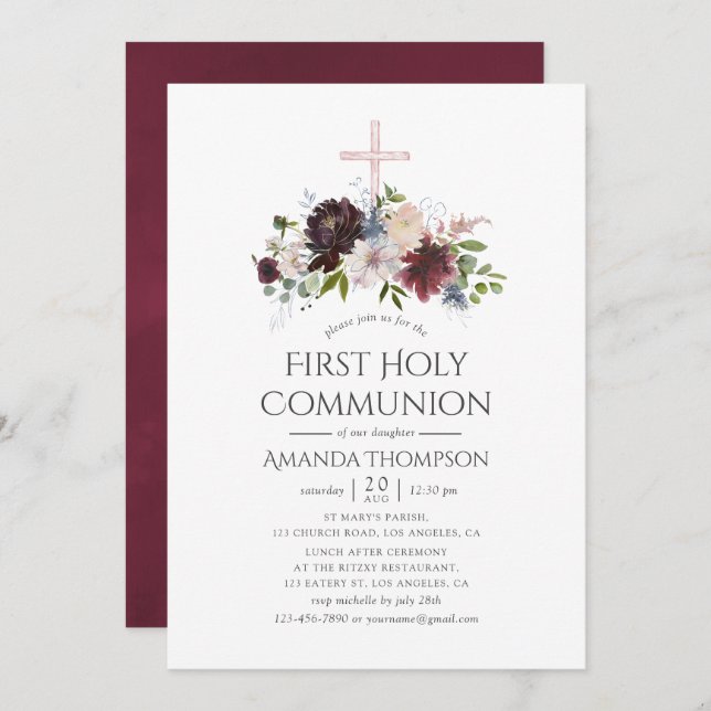 Burgundy and Blush Floral First Holy Communion Invitation (Front/Back)