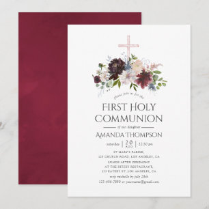 Burgundy and Blush Floral First Holy Communion Invitation