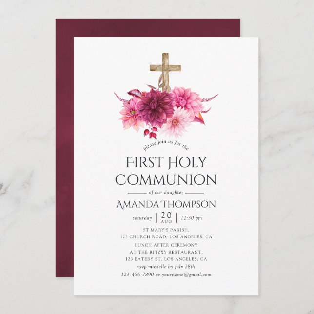 Burgundy and Blush Floral First Holy Communion Invitation (Front/Back)