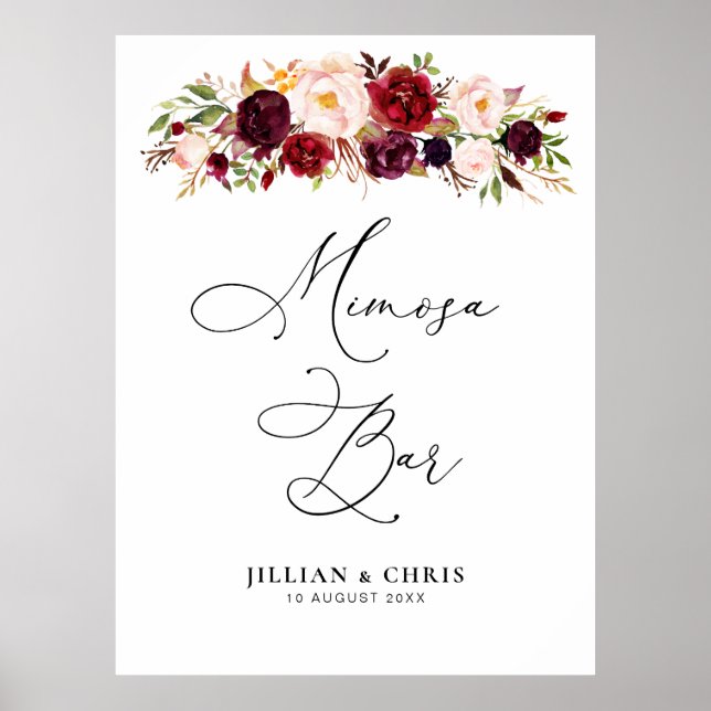 burgundy and blush floral mimosa bar sign (Front)