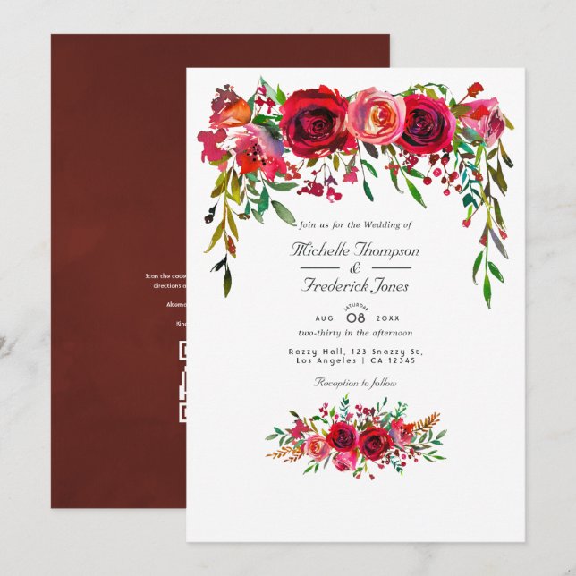 Burgundy and Blush Floral QR Code RSVP Wedding Invitation (Front/Back)