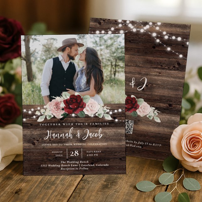 Burgundy and Blush Floral QR Code Rustic Wedding Invitation (Creator Uploaded)