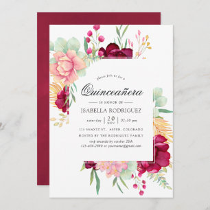 Burgundy and Blush Floral Quinceañera Invitation