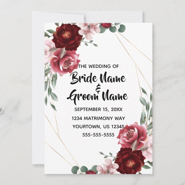 Burgundy and Blush Floral Rose Wedding Invitation (Front)