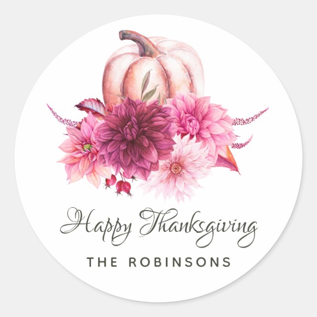 Burgundy and Blush Floral Thanksgiving Classic Round Sticker (Front)