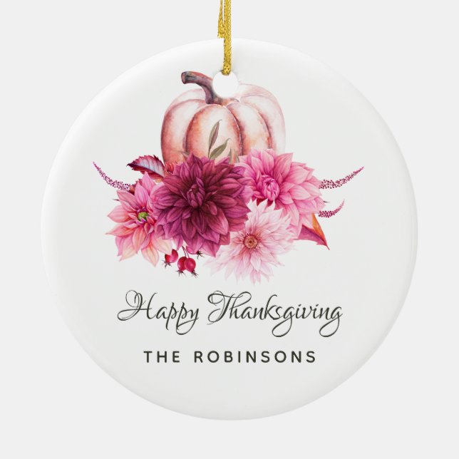 Burgundy and Blush Floral Thanksgiving Photo Ceramic Tree Decoration (Back)