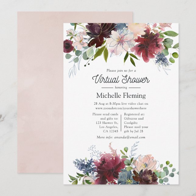Burgundy and Blush Floral Virtual Baby Shower Invitation (Front/Back)