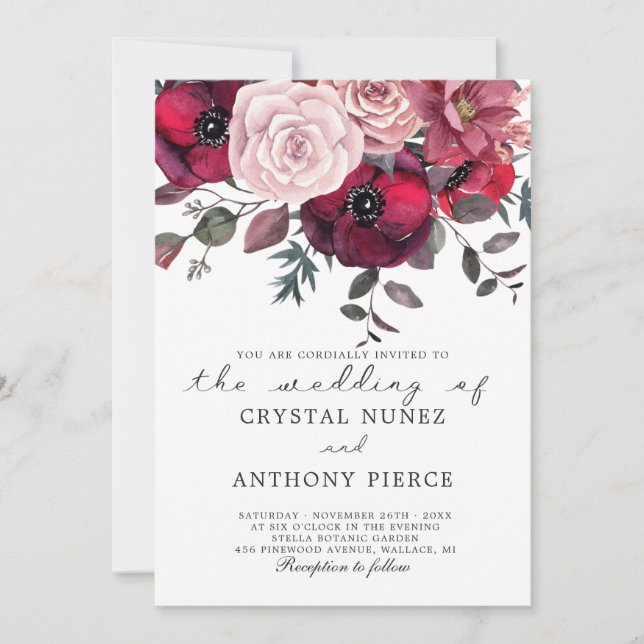 burgundy and blush floral wedding invitation (Front)