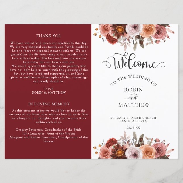 Burgundy and Blush Floral Wedding Program (Front)