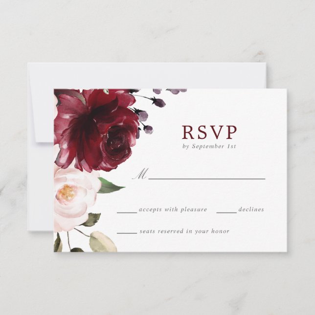 Burgundy and Blush Floral Wedding Response Card (Front)