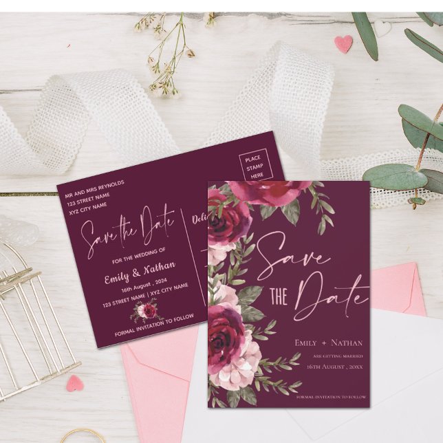 Burgundy and Blush Floral Wedding Save the Date Announcement Postcard (Creator Uploaded)