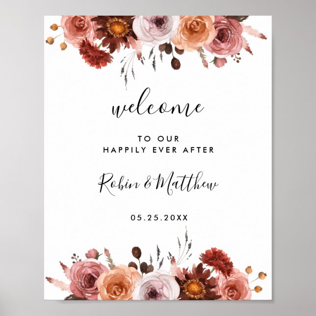 Burgundy and Blush Floral Wedding Welcome Sign (Front)