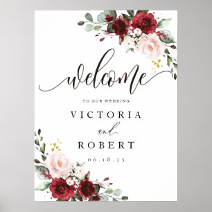 Burgundy and Blush Floral Wedding Welcome Sign